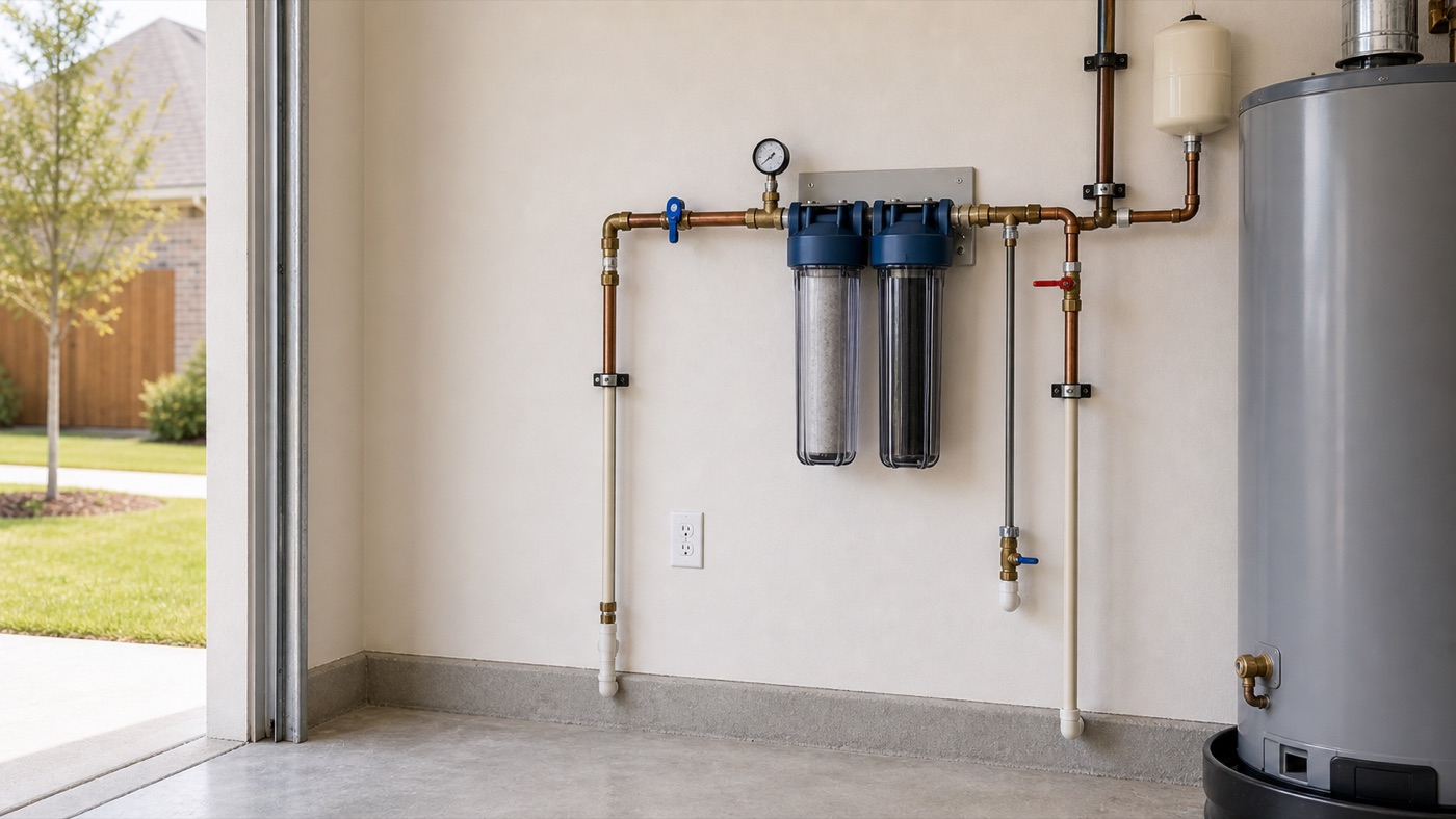 Wall-mounted whole-home filtration canisters in a clean garage utility area