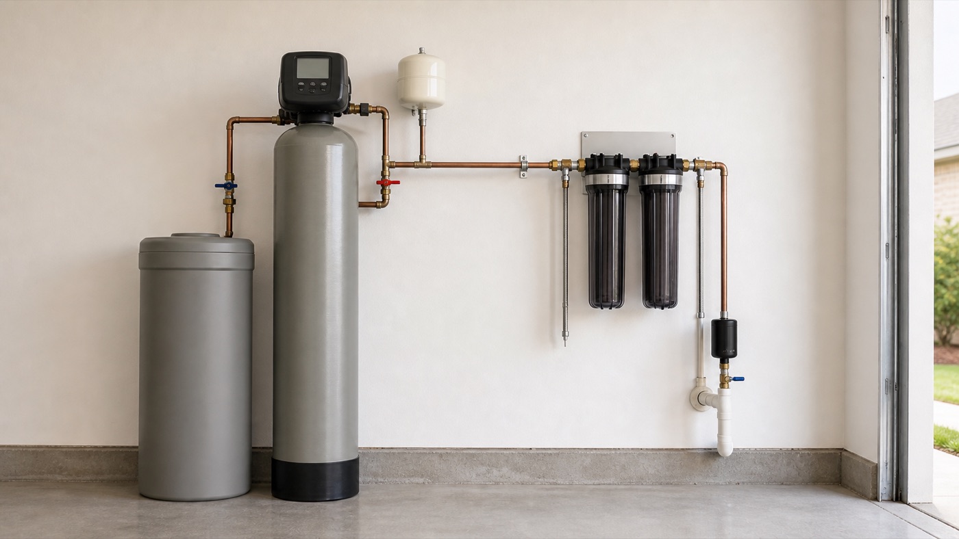 Water softener tank and whole-home filter canisters installed side by side