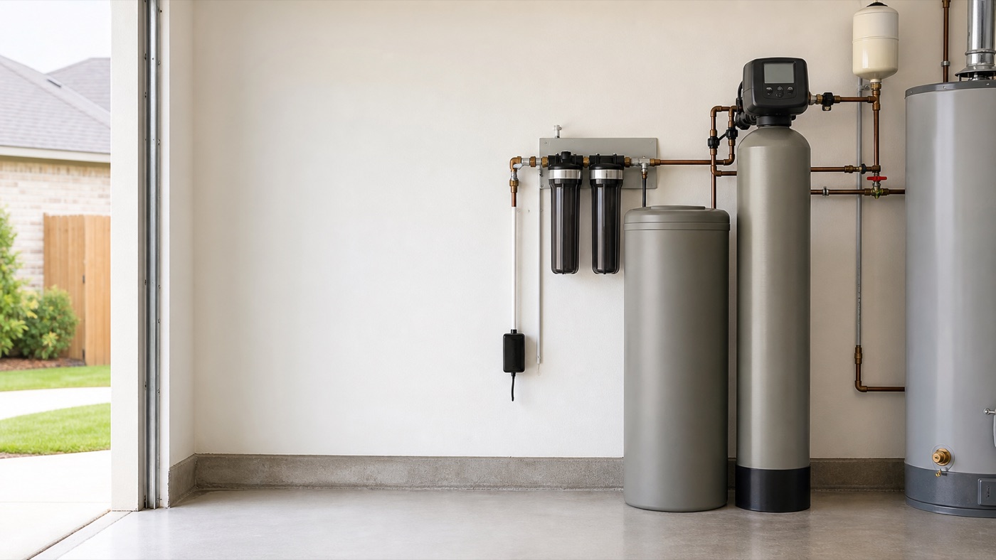 Residential water softener and filtration equipment installed in a clean garage